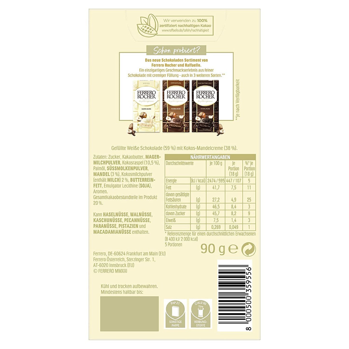 Ferrero Raffaello White Chocolate Bar with Coconut and Almond Cream, 90g