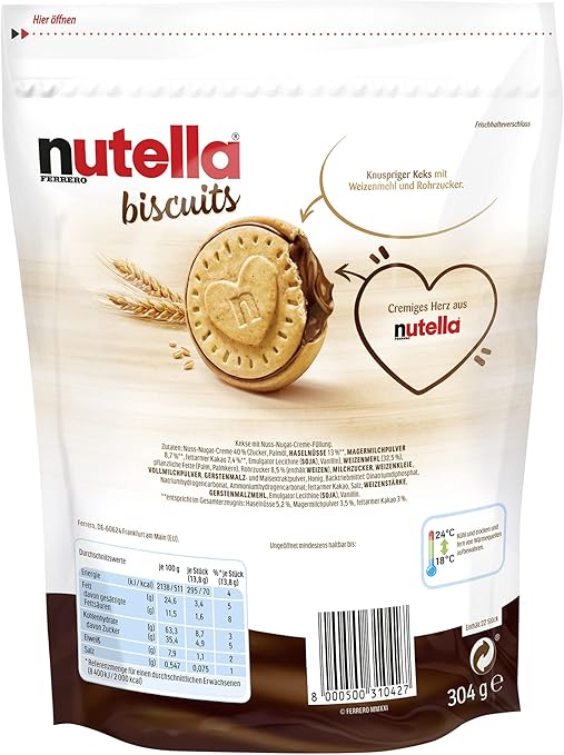 Nutella Biscuits, 22 Count Chocolate Cookies, Hazelnut Spread with Cocoa, Kids Snacks 304g