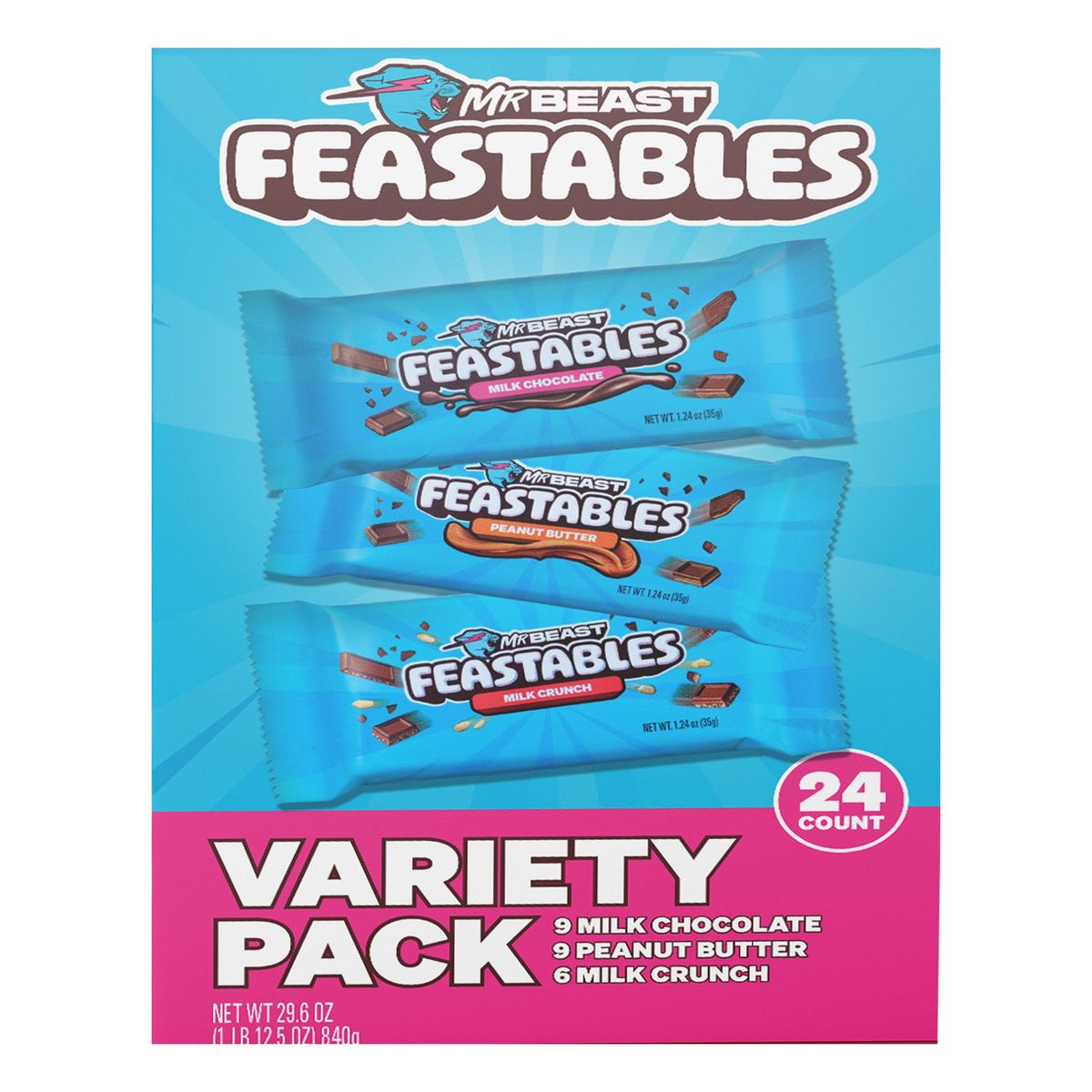 Feastables Mr.Beast Variety Pack Milk Chocolate Bars, 1.24 Ounce (Pack of 24)